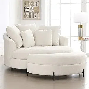 Oversized Round Barrel Chair with Ottoman for Living Room
