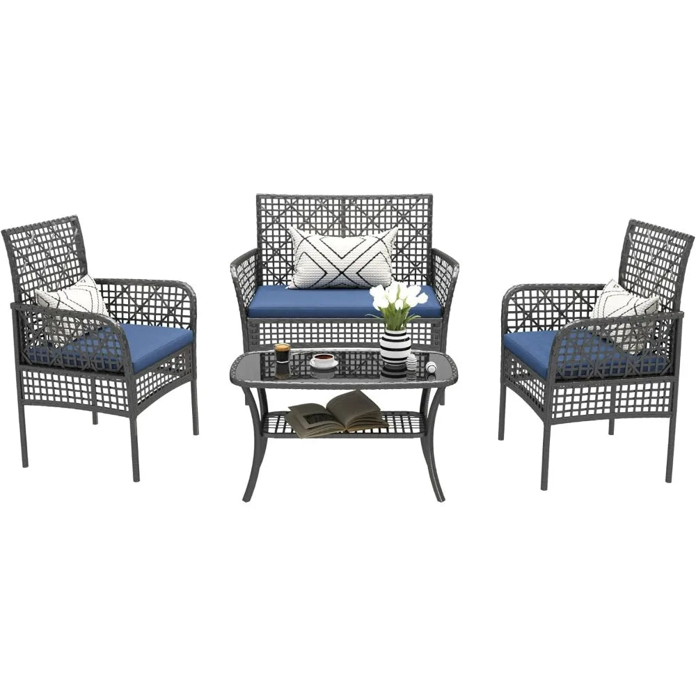 4 Piece Outdoor Patio Furniture Set with Cushions and Table
