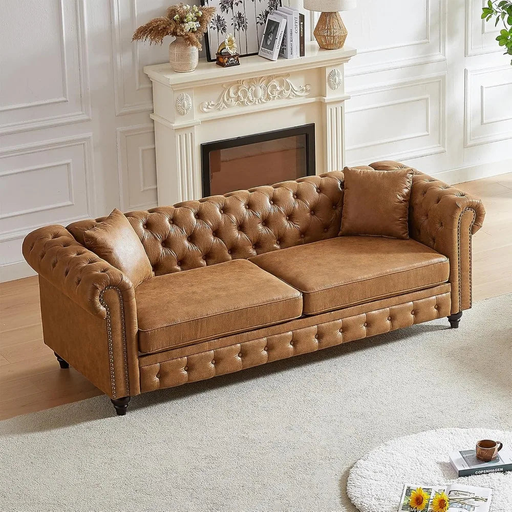 Modern Chesterfield Sofa Couch 85.5 Inch Brown 3-Seater Design