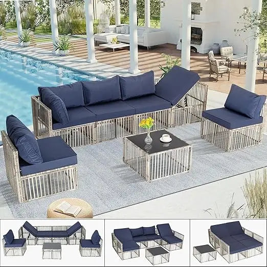 7 Piece Wicker Outdoor Patio Furniture Set with Blue Cushions