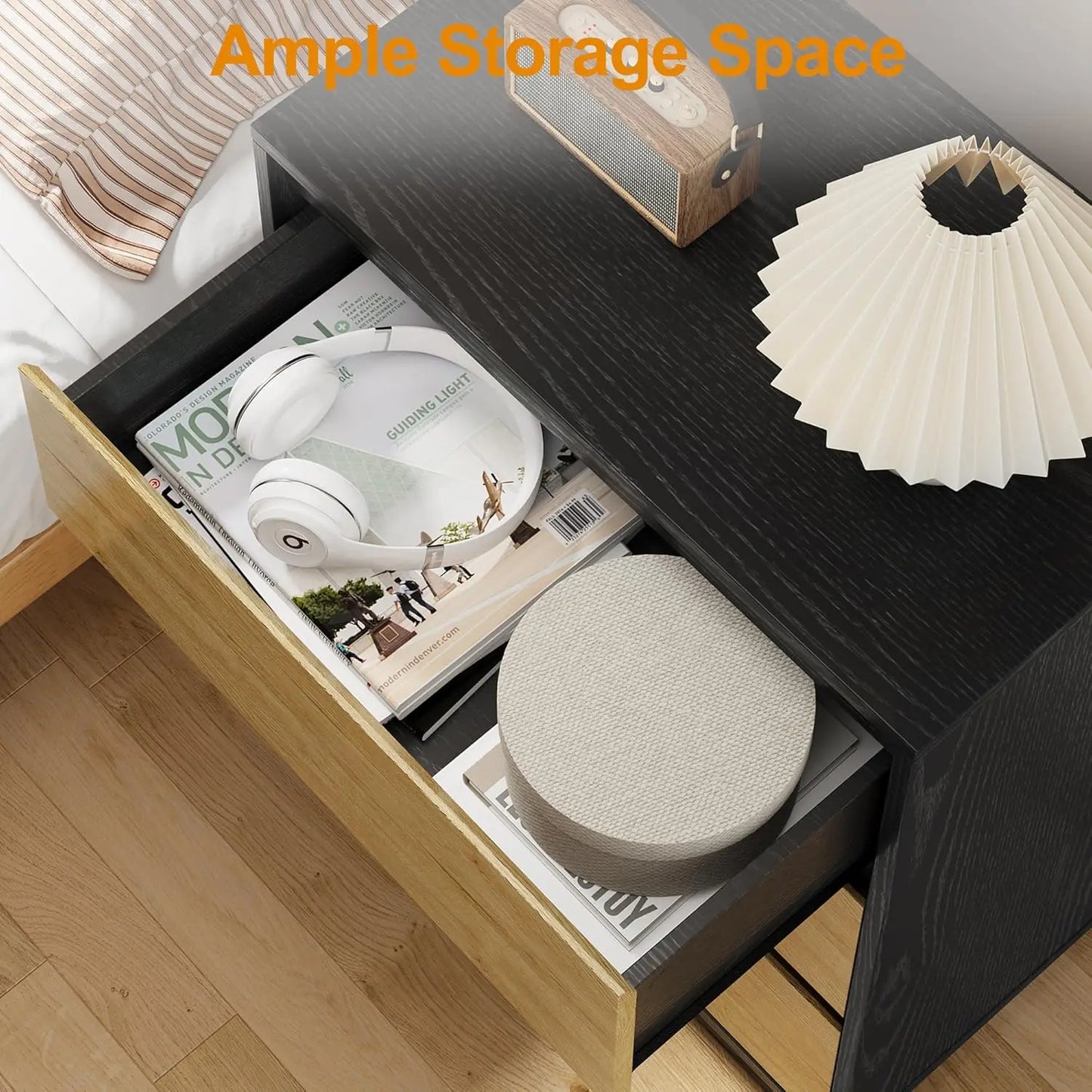 RoyaCraft Black Nightstand Set of 3 with Large Drawers