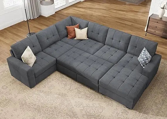 Beige U Shaped Sleeper Sectional Sofa With Storage Chaise