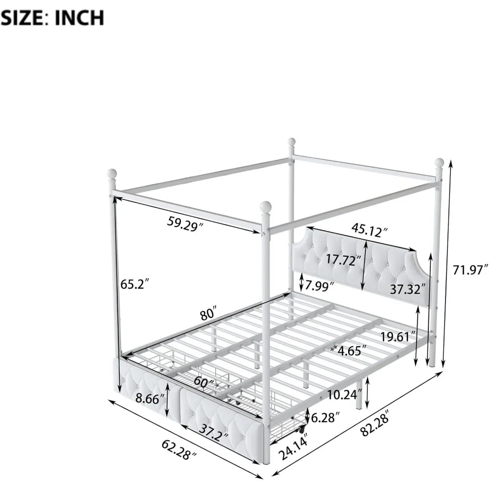 Softsea Queen Size Metal Canopy Bed with Storage and Headboard