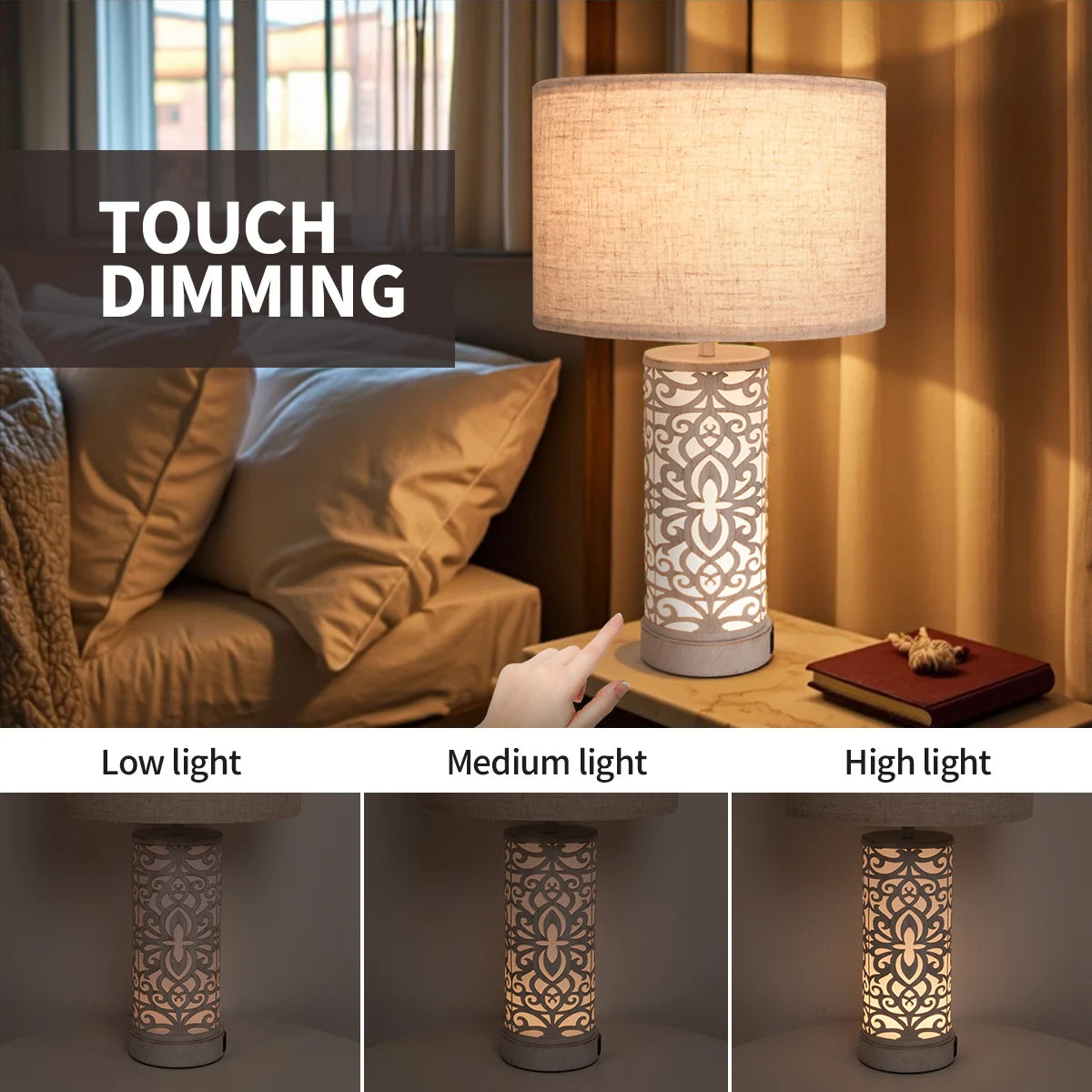 Retro Farmhouse Table Lamp Set with USB Ports and Dimmable Light