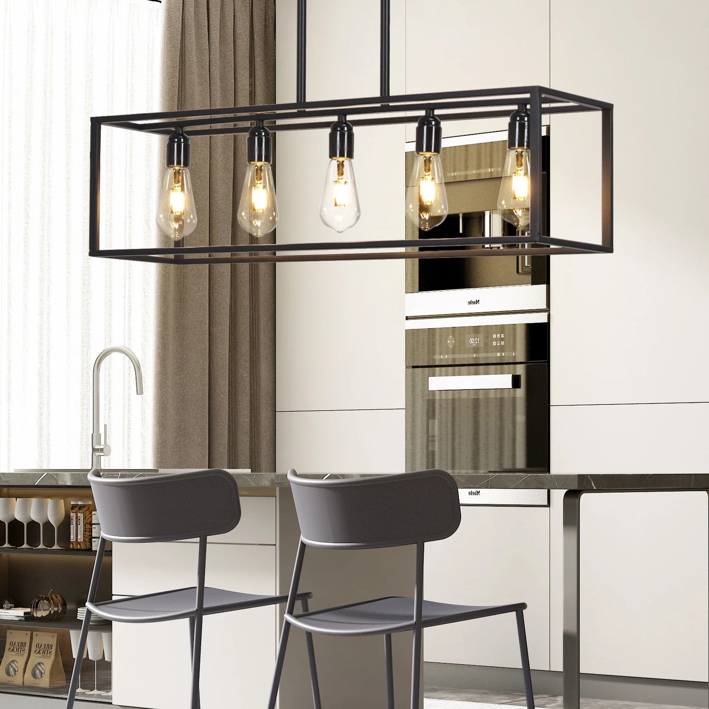 Vrygle Industrial 5-Bulb Black Ceiling Lamp for Kitchen and Living Room