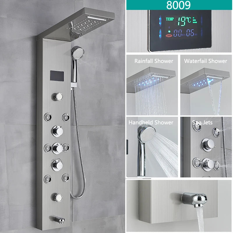 LED Rainfall Shower Faucet Set with Temperature Display and Massage