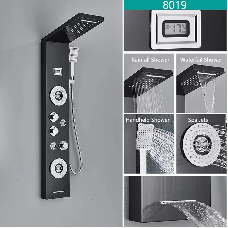 LED Rainfall Shower Faucet Set with Temperature Display and Massage