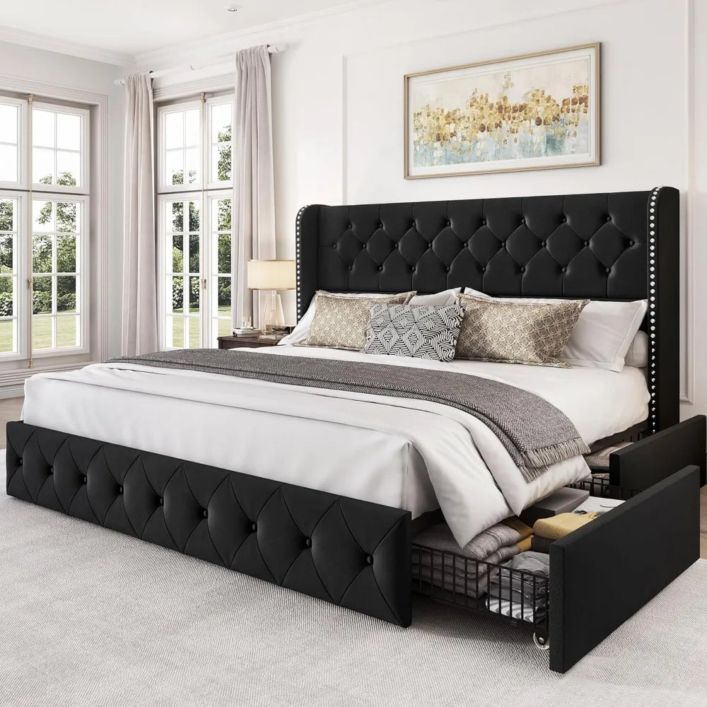 King Size Velvet Upholstered Bed Frame with Storage Drawers
