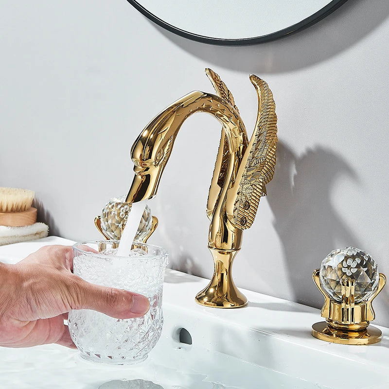 Wanmivezlo Gold Swan Basin Faucet with Dual Crystal Handles