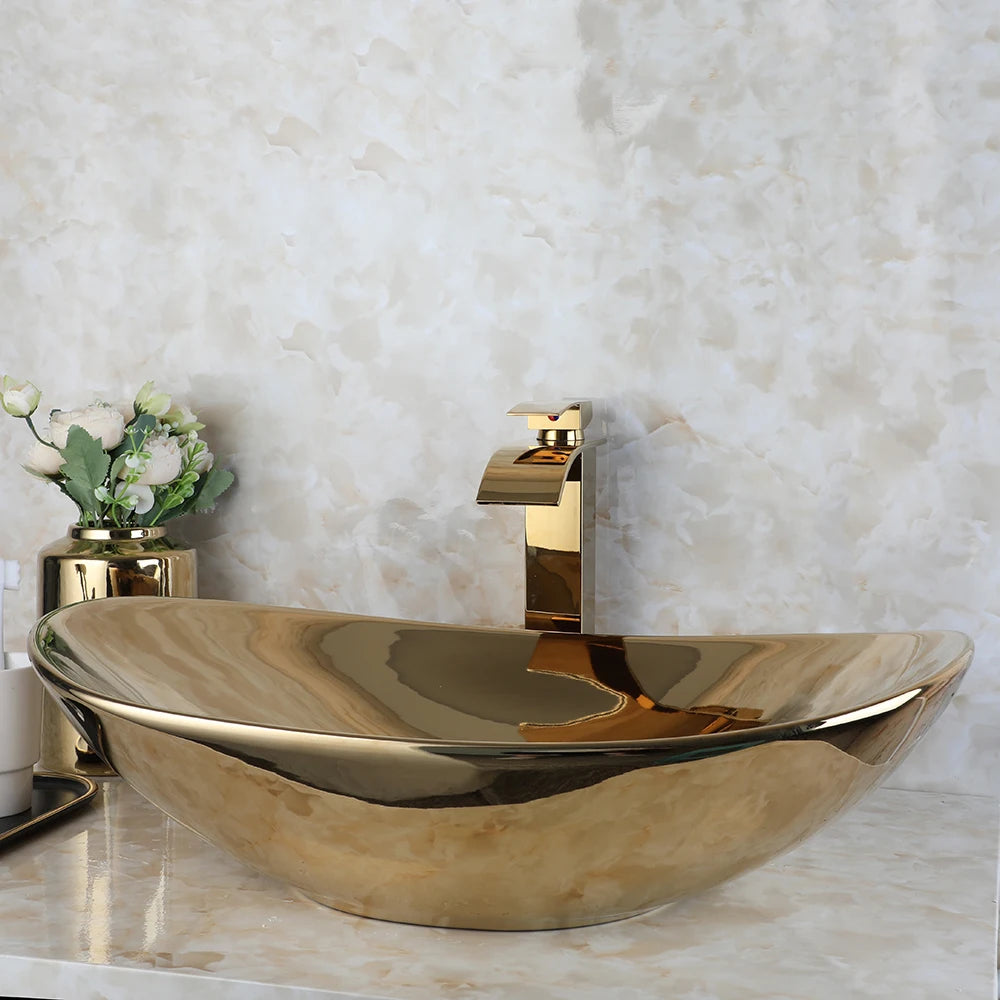 ZAPPO Luxury Gold Vessel Sink and Faucet Combo for Bathrooms