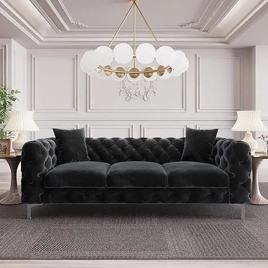 Modern Black Velvet Couch with Deep Button Tufting and Solid Frame