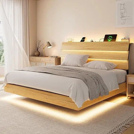 Floating King Size Metal Bed Frame with LED Lights and Storage