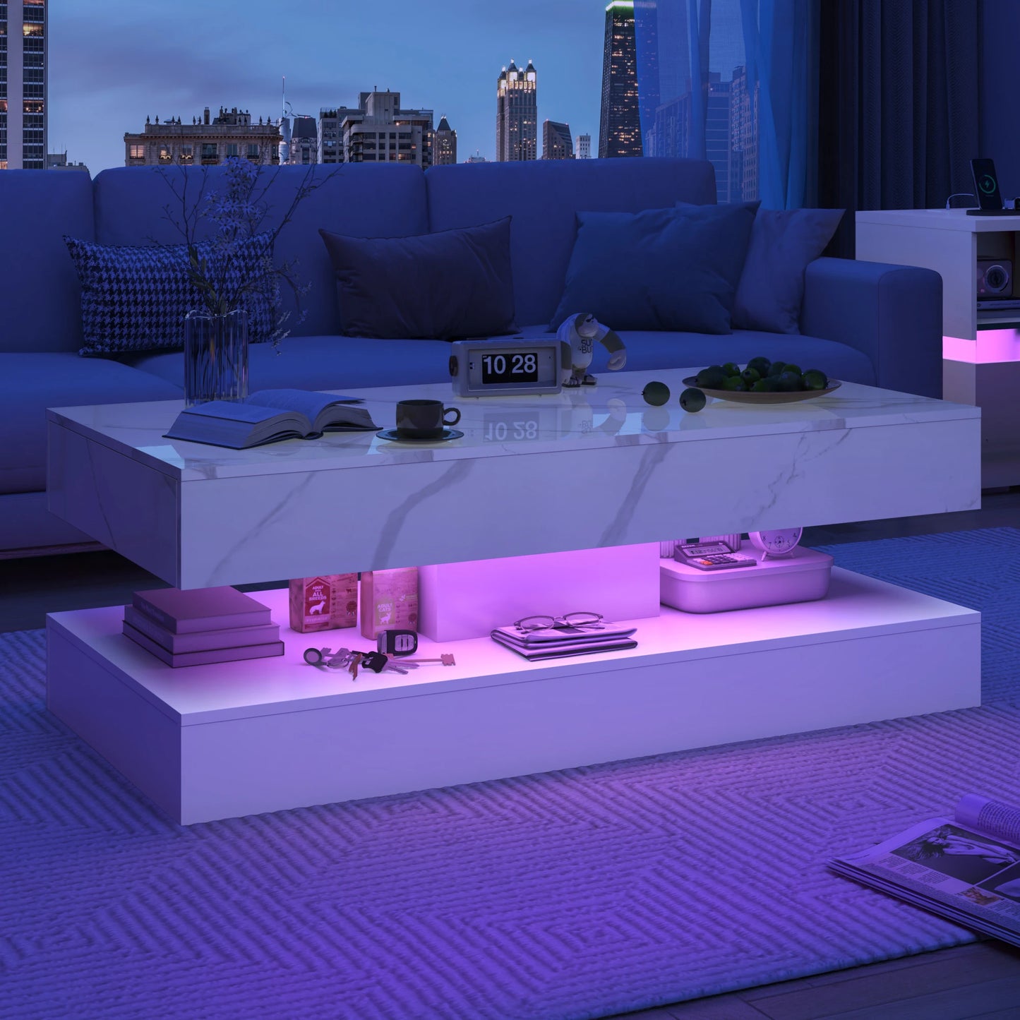 Modern Coffee Table with LED Lights and Double-Layer Design