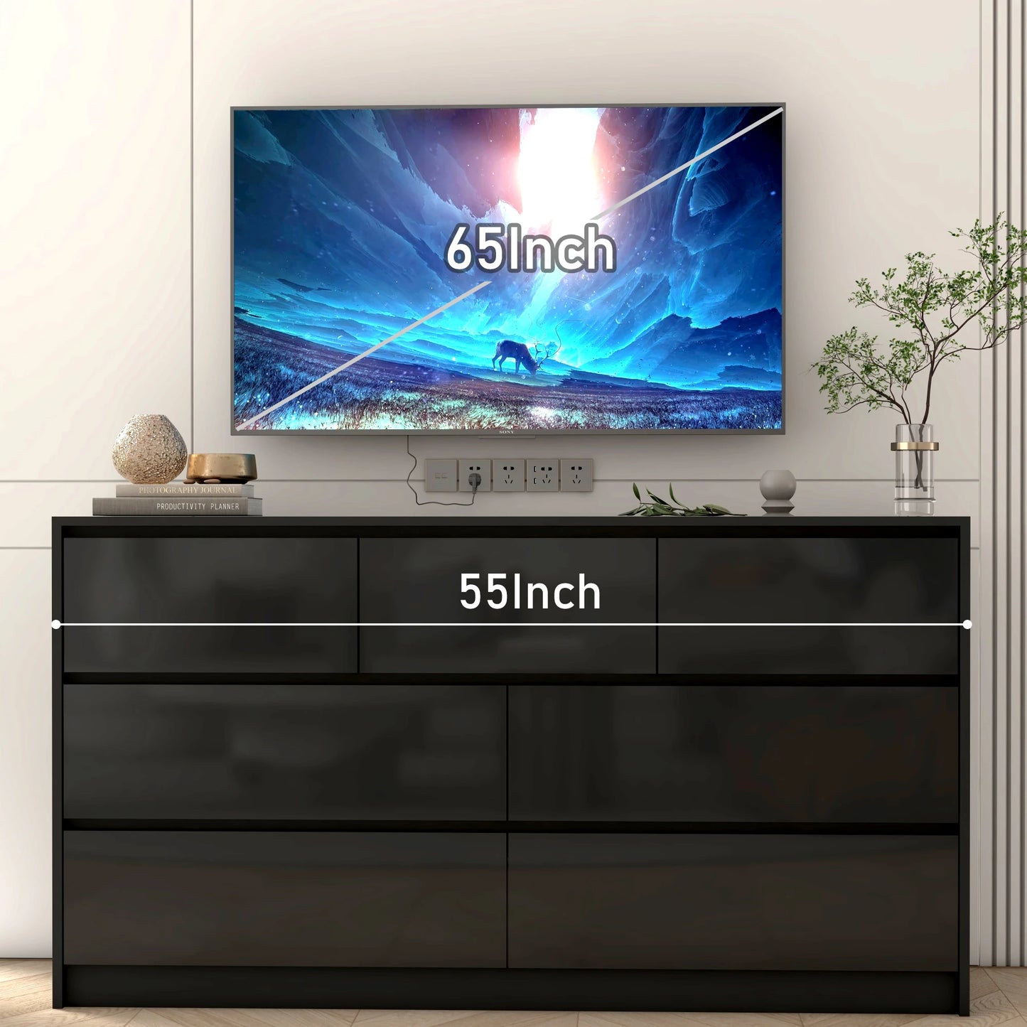 Modern 7 Drawer Dresser with High Gloss Finish in White Black