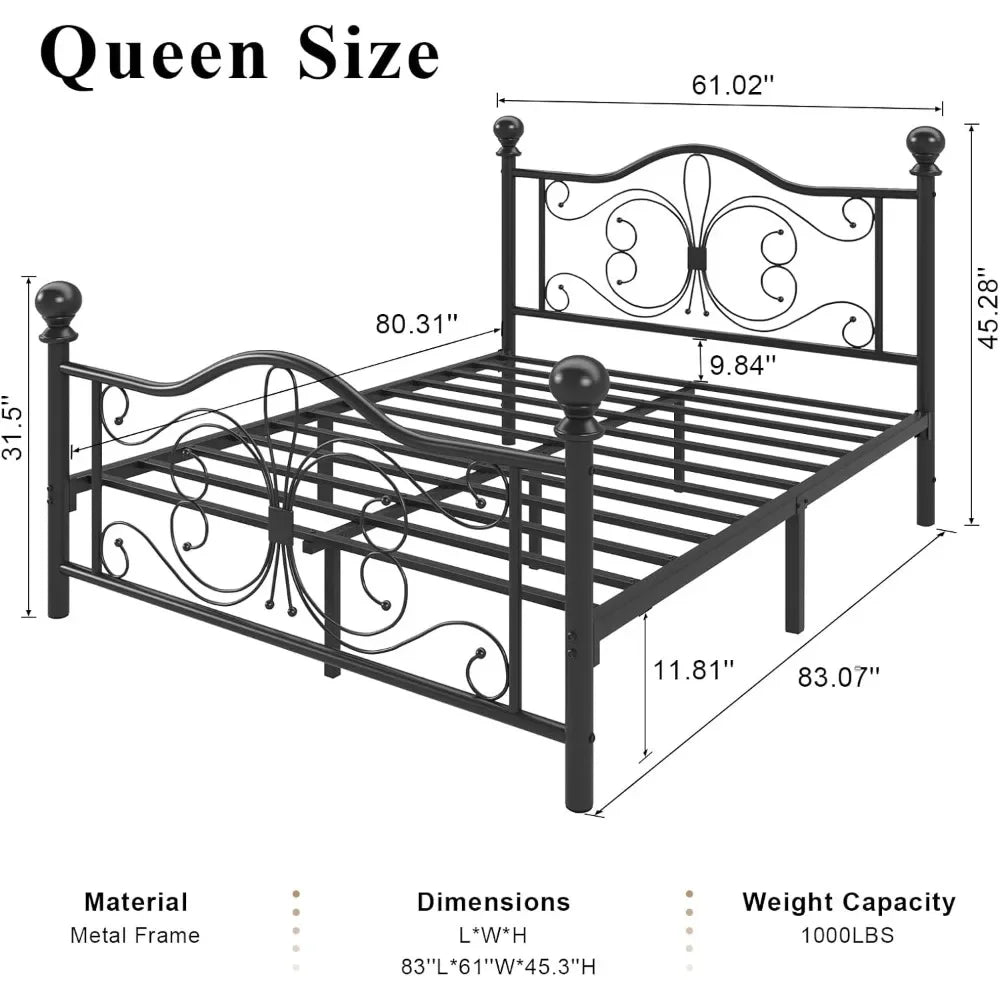Queen Size Metal Platform Bed Frame with Butterfly Headboard