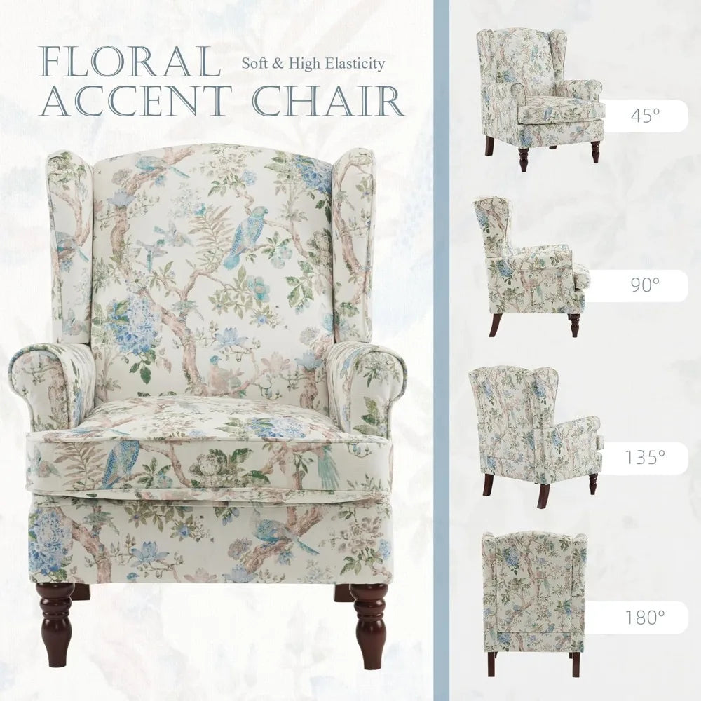 Floral Accent Chair with High Back Upholstered Armchair