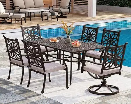 Cast Aluminum Patio Dining Set for Six with Umbrella Hole