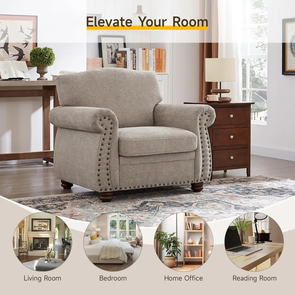 Beige Nailhead Trim Armchair Chenille Accent Chair for Living Room
