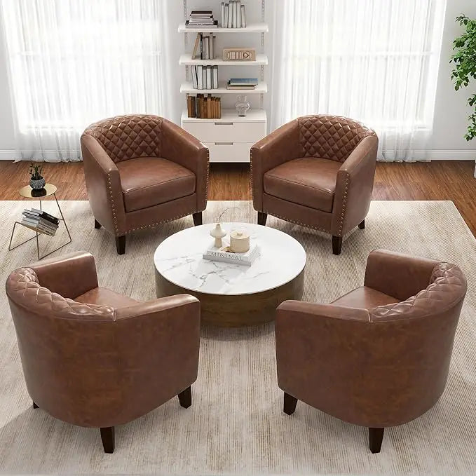 Faux Leather Barrel Accent Chairs Set of 4 Comfy Modern Design