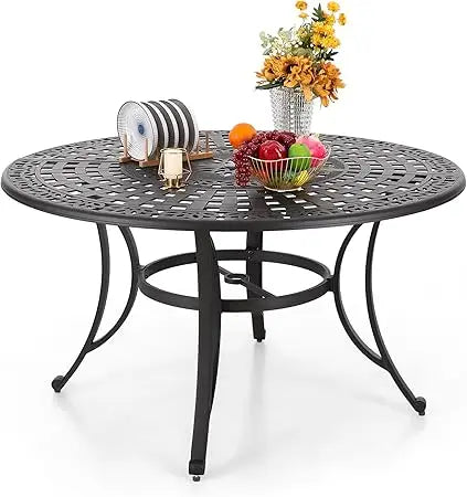 Cast Aluminum Patio Dining Set for Six with Umbrella Hole