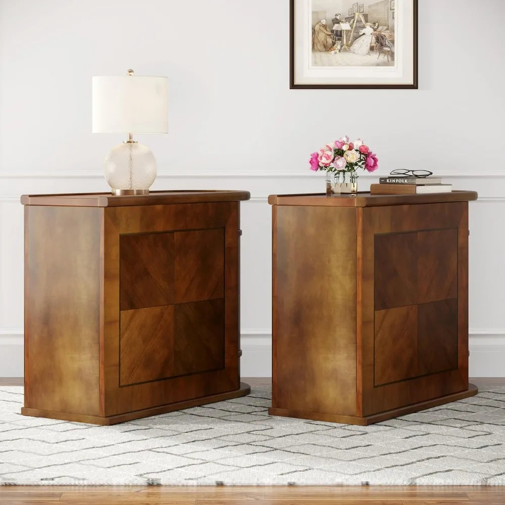 Wood End Table with Drawers Modern Slim Nightstand for Living Room