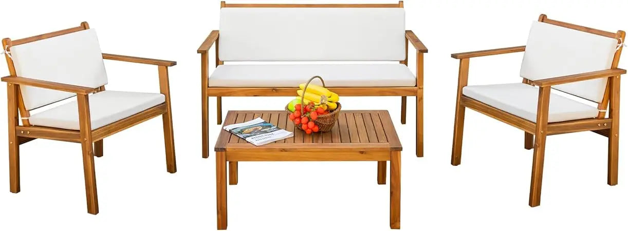 Acacia Wood 4 Piece Outdoor Conversation Sofa Set with Cushions
