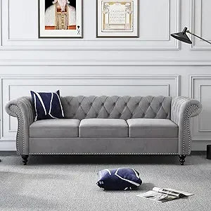 Chesterfield Leather Sofa 3 Seater Mid Century Tufted Couch