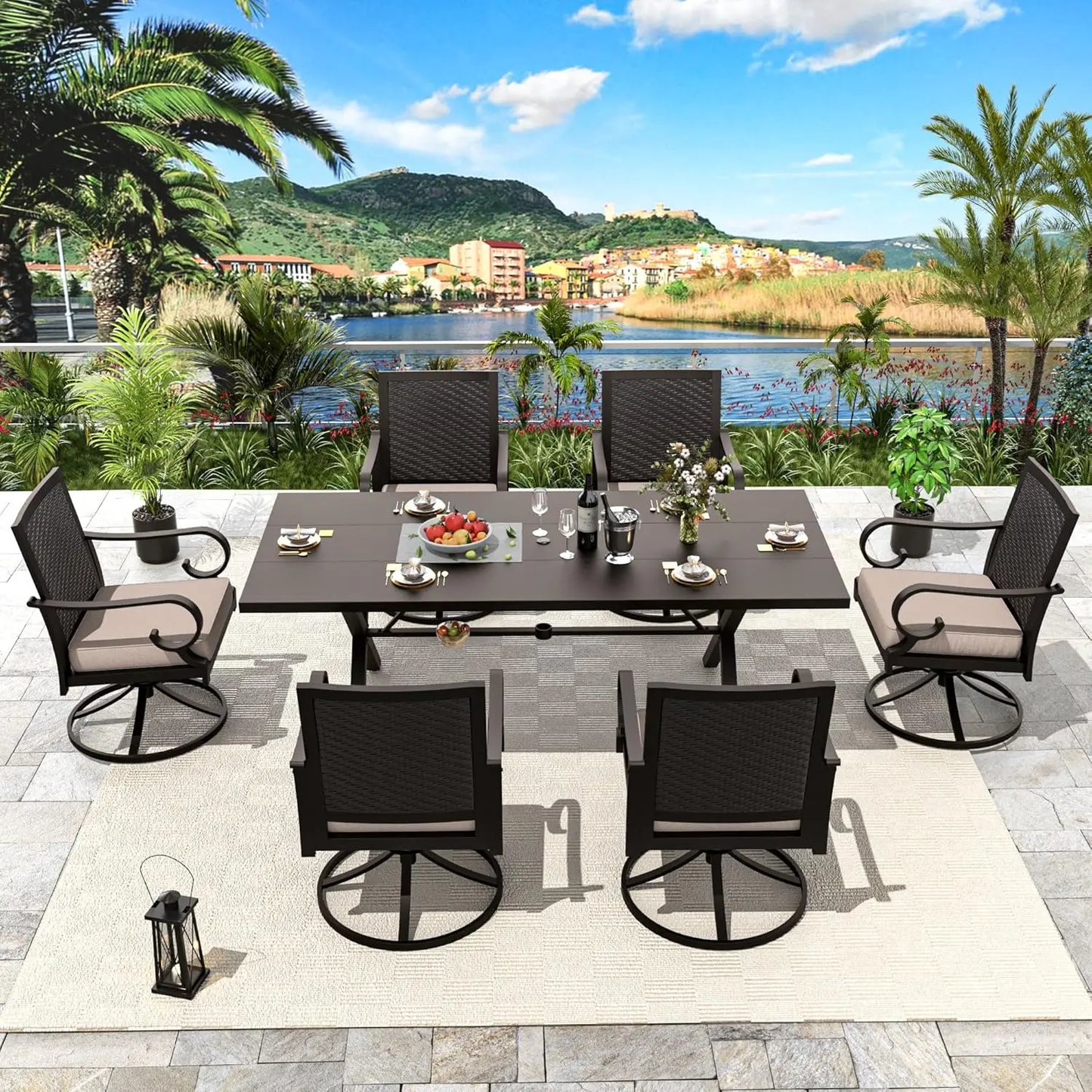 5 Piece Rattan Patio Dining Set with Cushions and Navy Blue Chairs