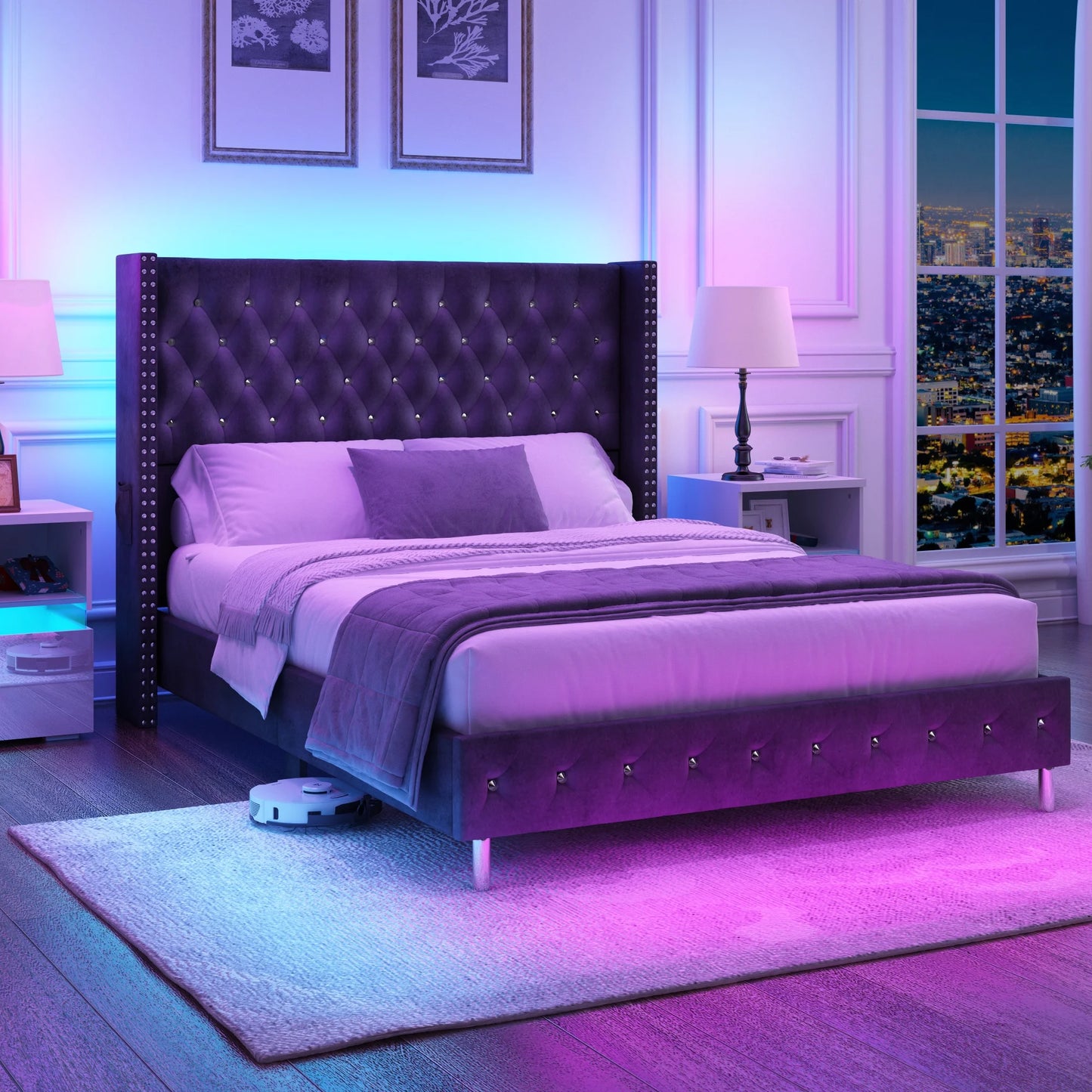 Queen Size Upholstered Bed Frame with Wingback Headboard and LED