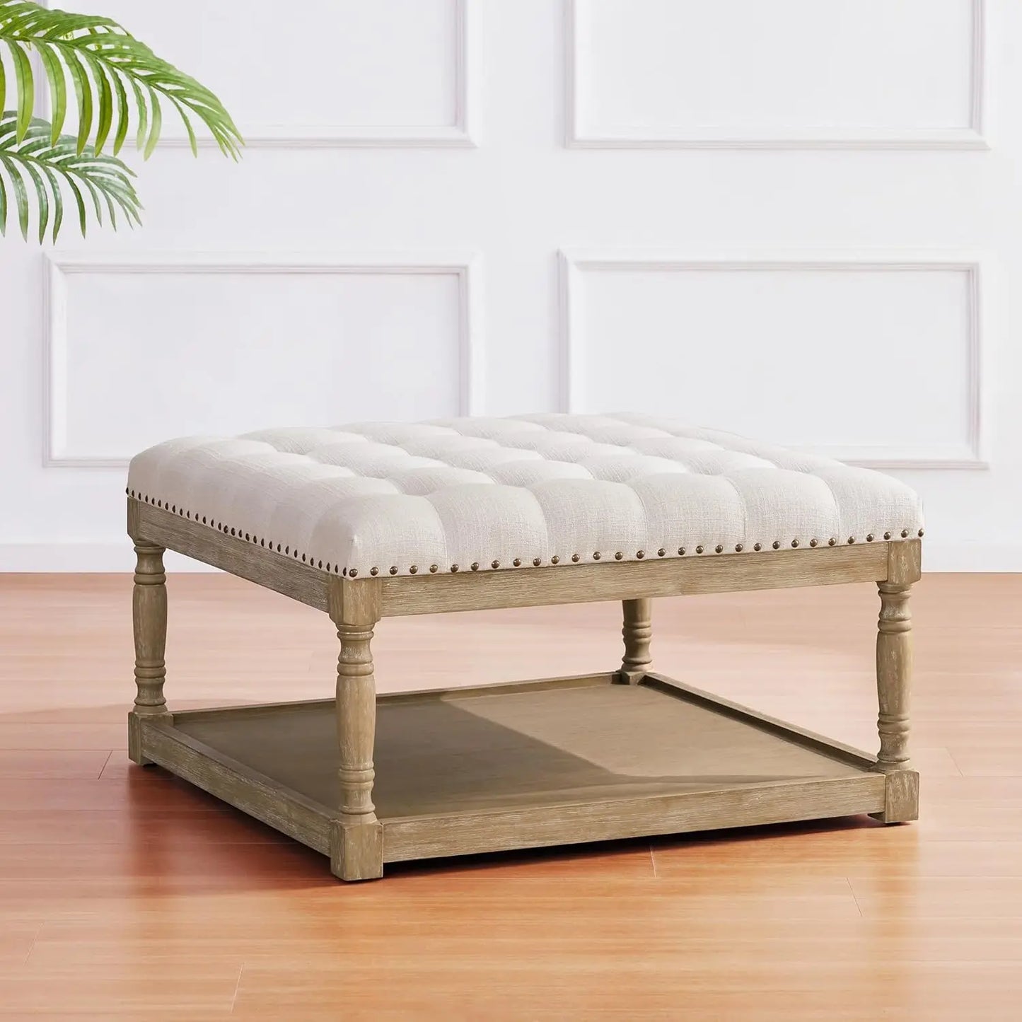 Large Square Tufted Ottoman Coffee Table with Storage Shelf
