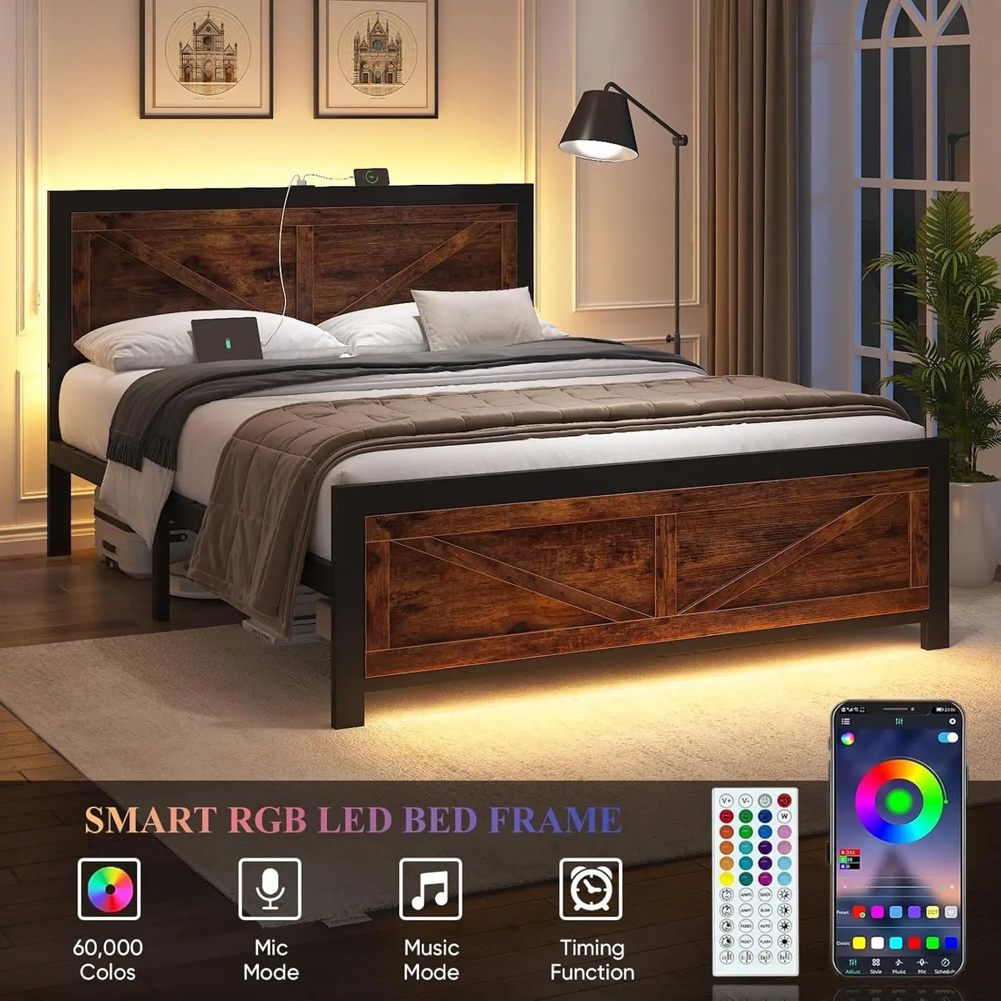 Queen Size LED Bed Frame with Rustic Wood Headboard and Charger