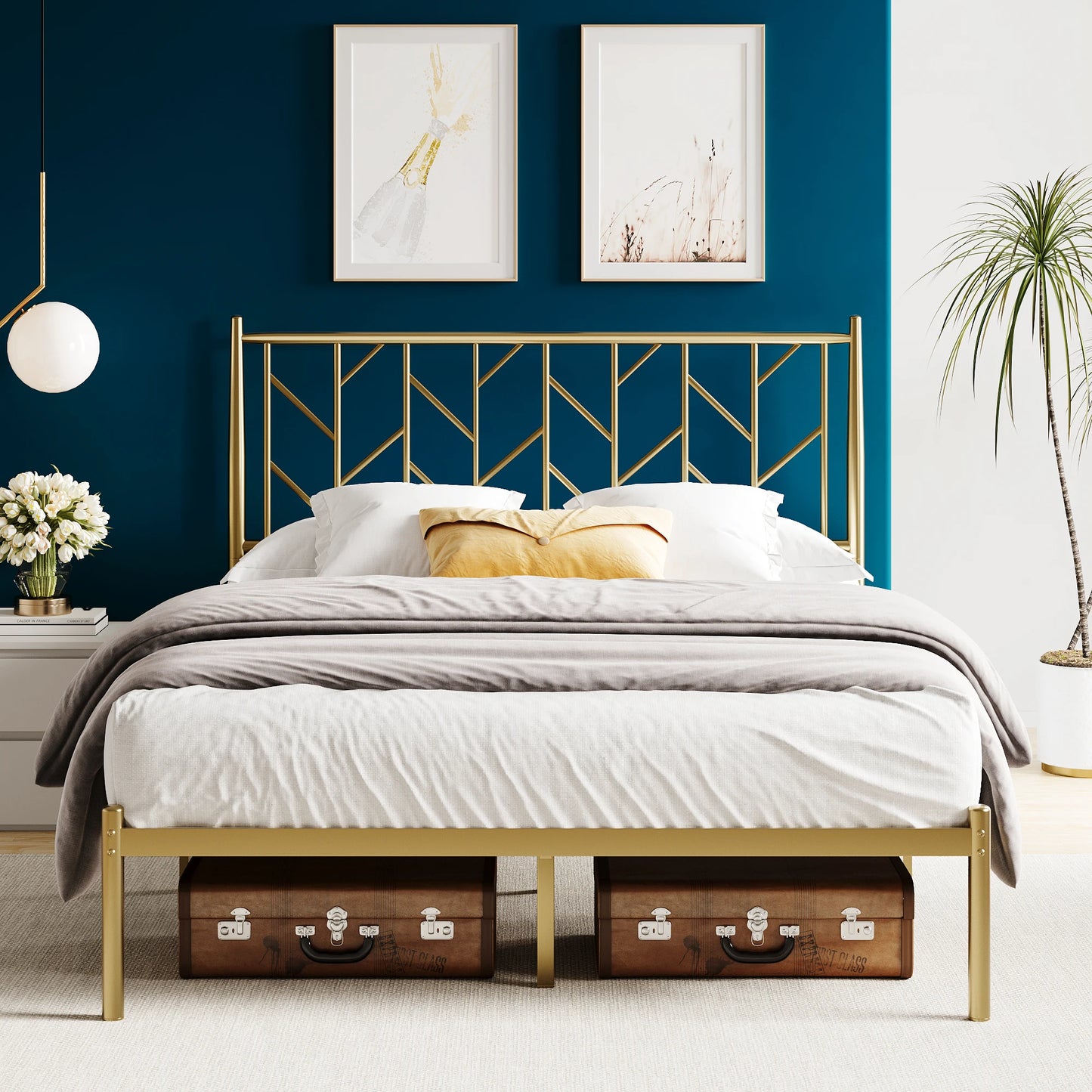 HOOMIC Metal Platform Bed Frame with Vintage Headboard and Storage