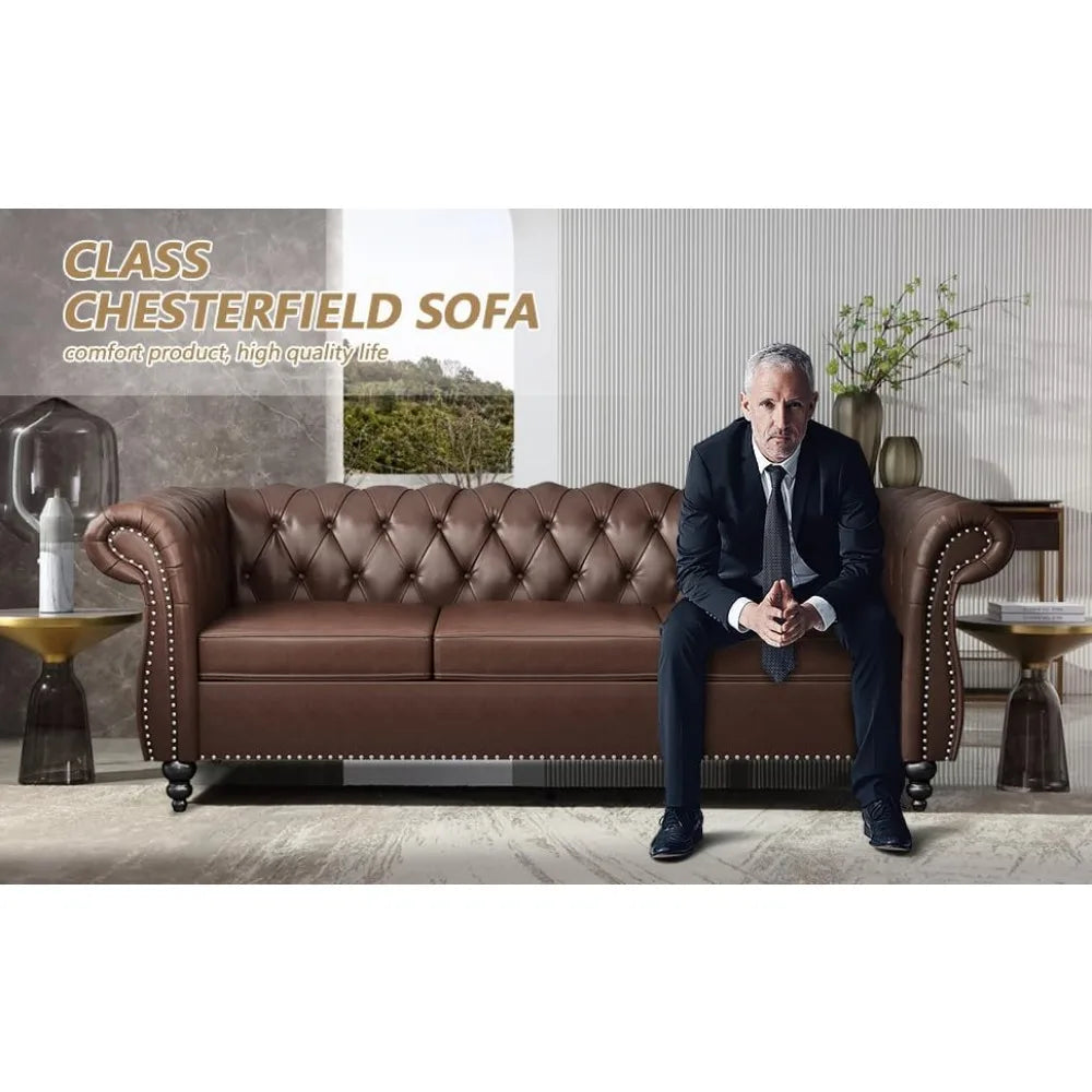 Chesterfield Leather Sofa 3 Seater Mid Century Tufted Couch