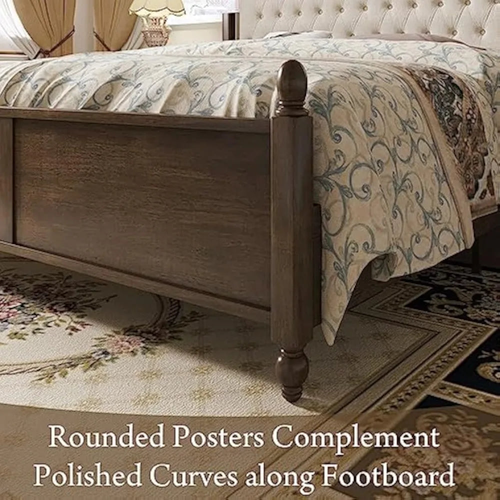 King Size Wood Bed Frame with Upholstered Headboard and Storage