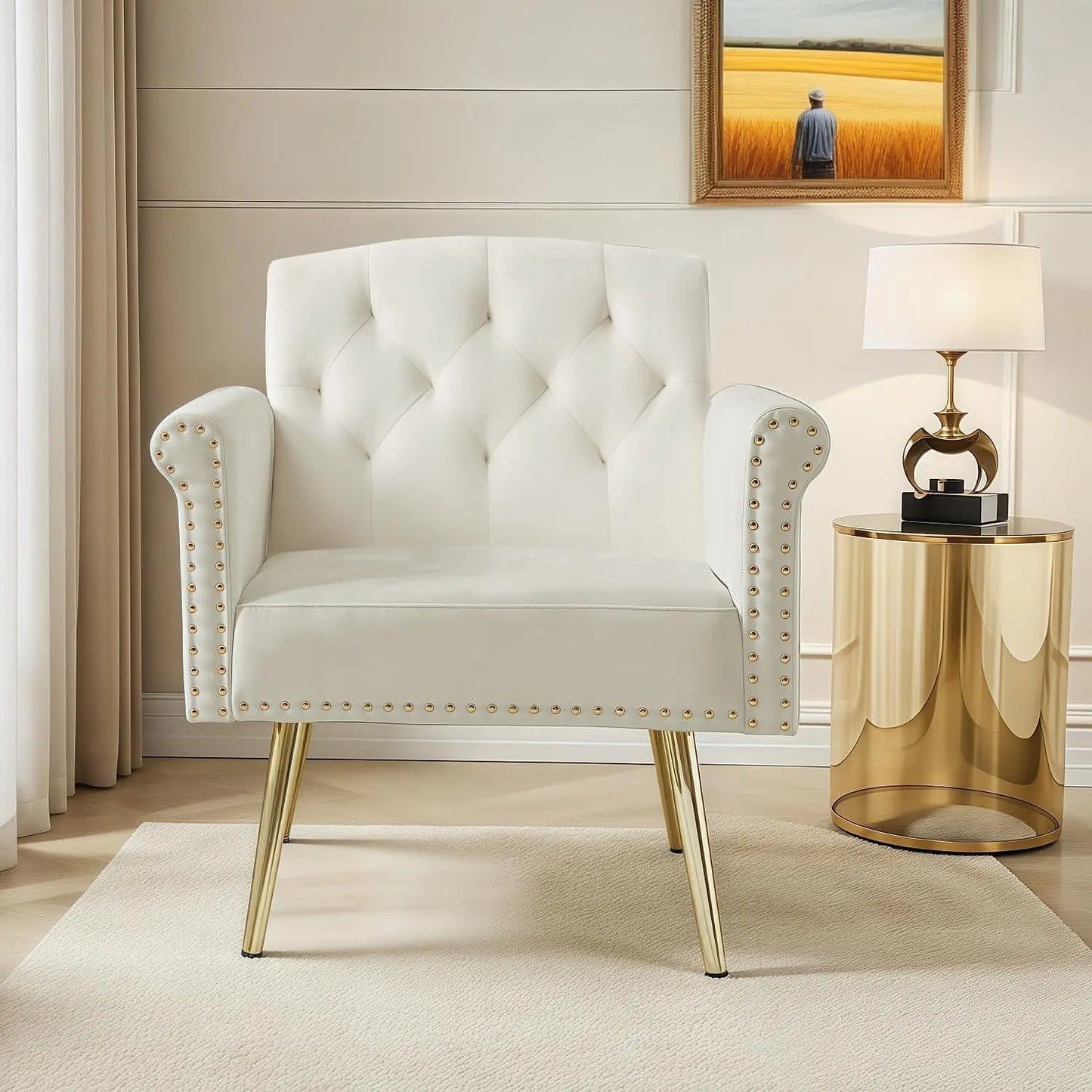 Beige Velvet Accent Chair with Gold Legs for Modern Living Room