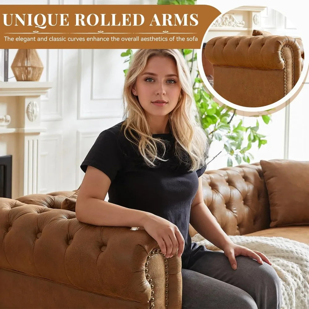 Modern Chesterfield Sofa Couch 85.5 Inch Brown 3-Seater Design