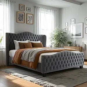 Queen Size Platform Bed Frame with Camelback Headboard and Storage