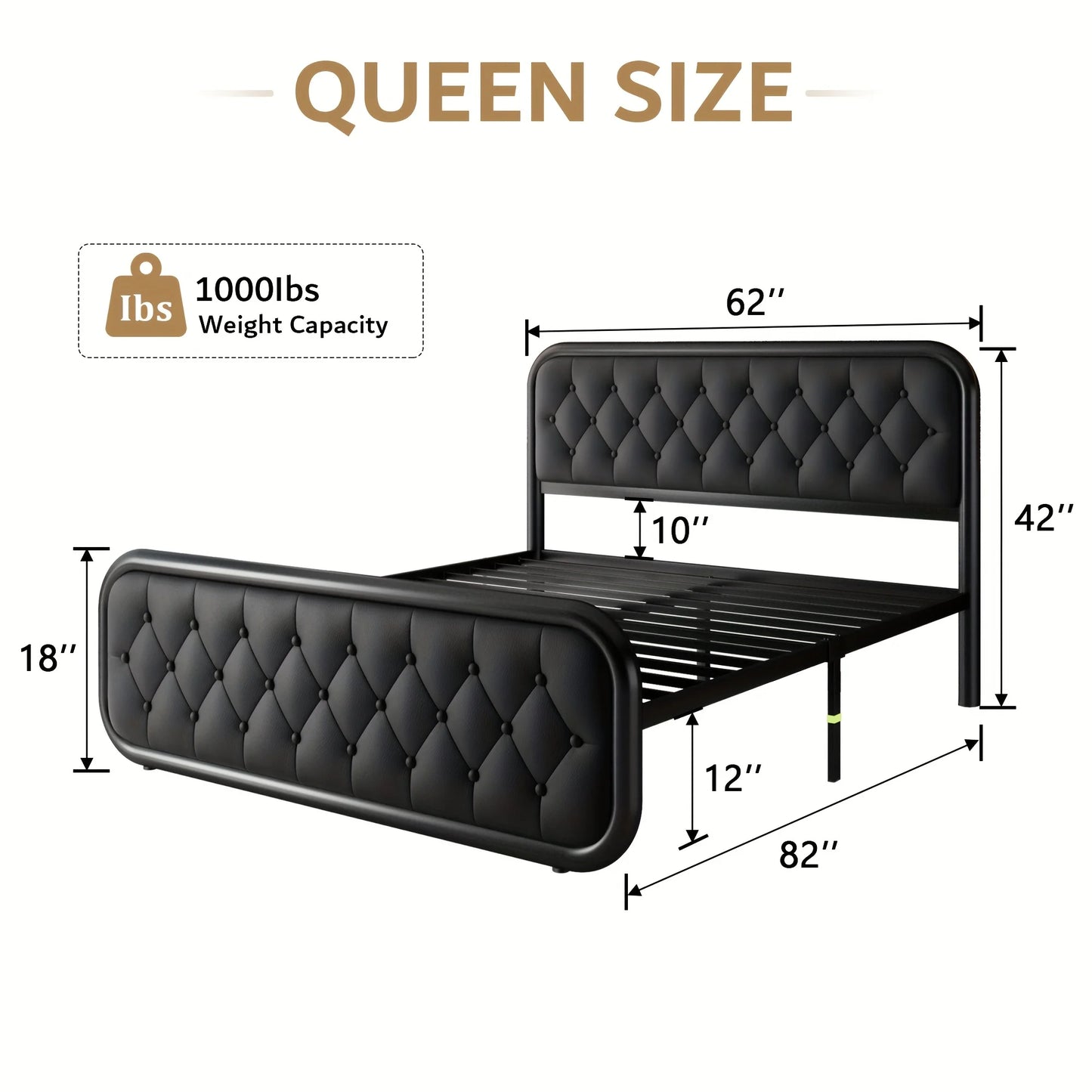 Classic Metal King Full Size Bed Frame with Faux Leather Headboard