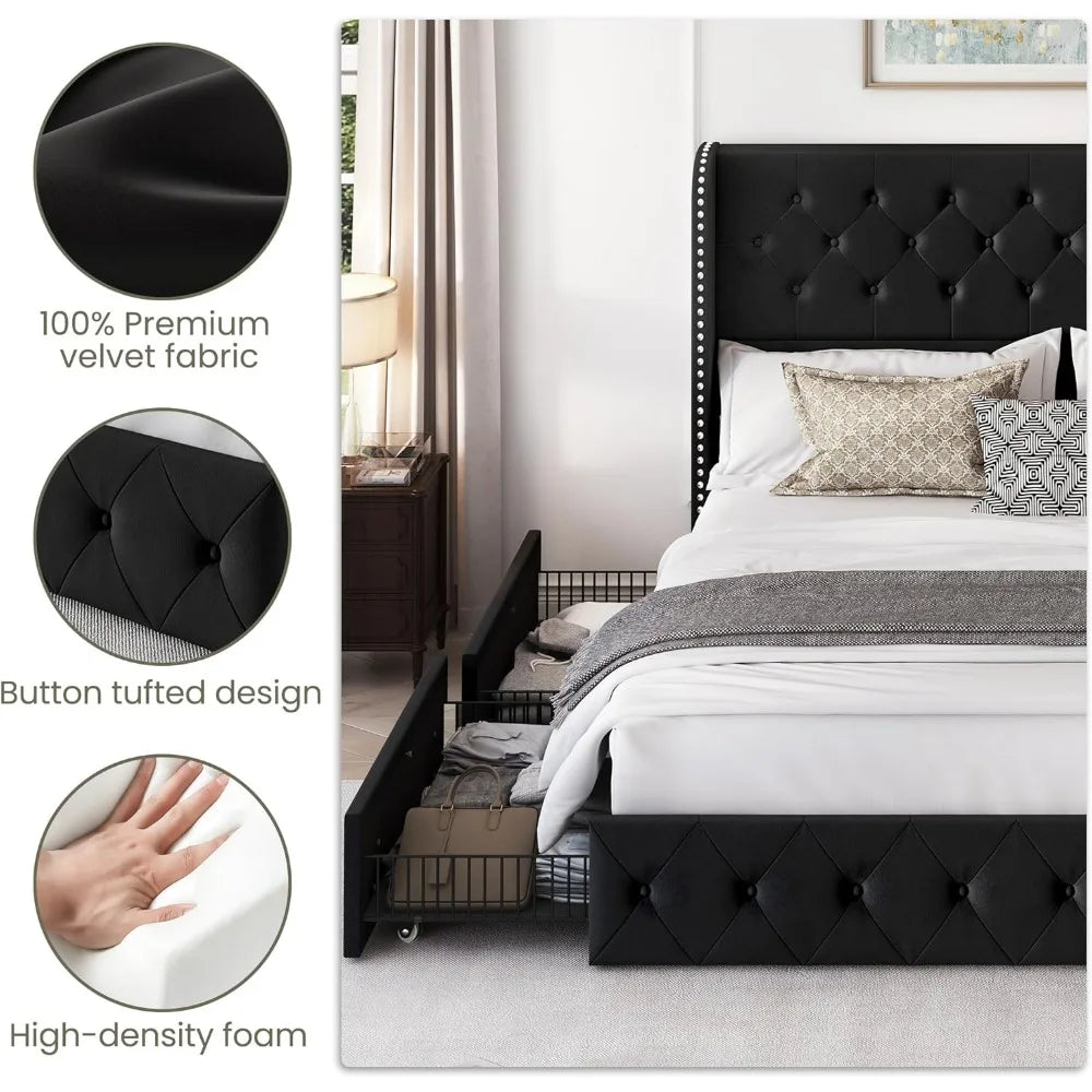 King Size Velvet Upholstered Bed Frame with Storage Drawers