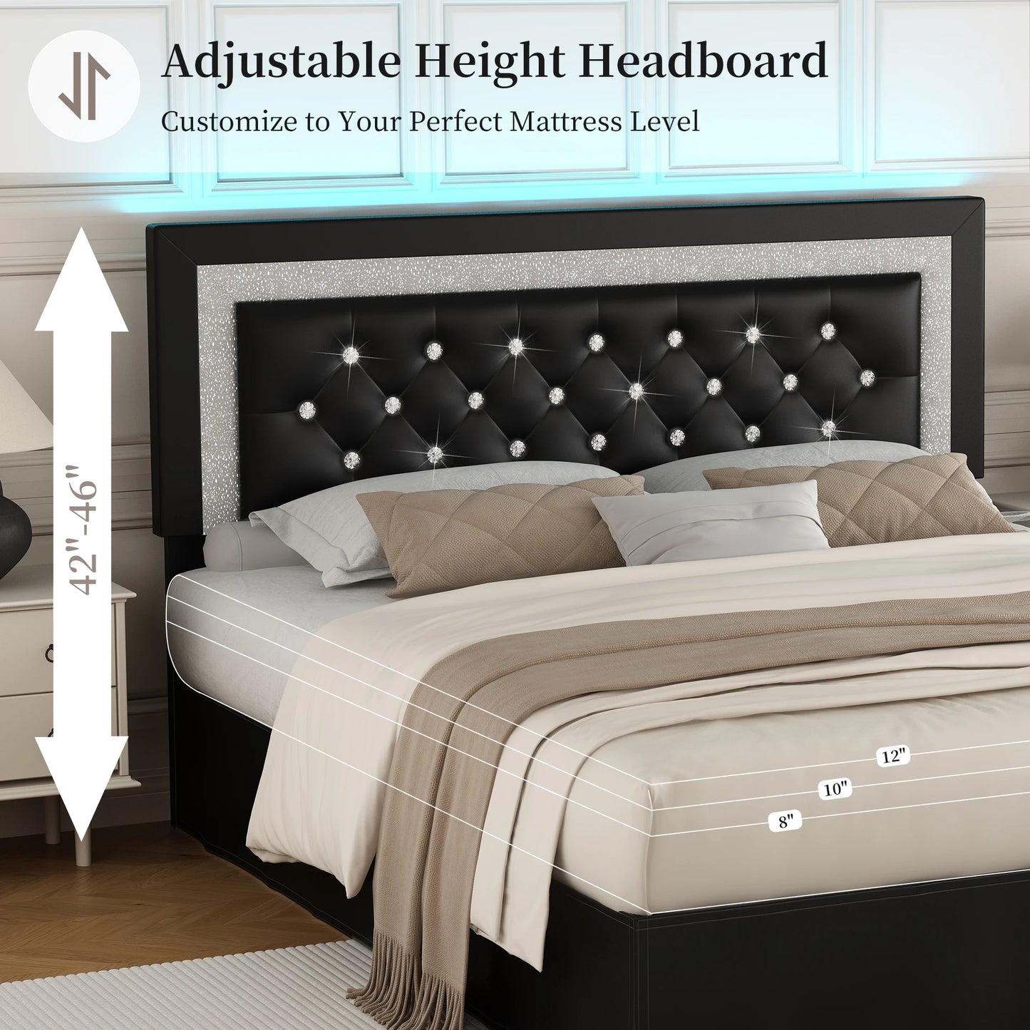 SIBEDS Queen Bed Frame with LED Lights and Adjustable Headboard
