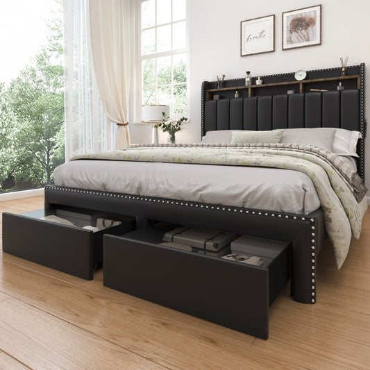 SIBEDS Queen LED Upholstered Bed Frame with Storage Drawers