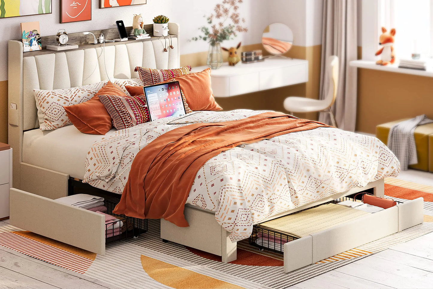 ANCTOR Upholstered Bed Frame with Storage and Charging Station