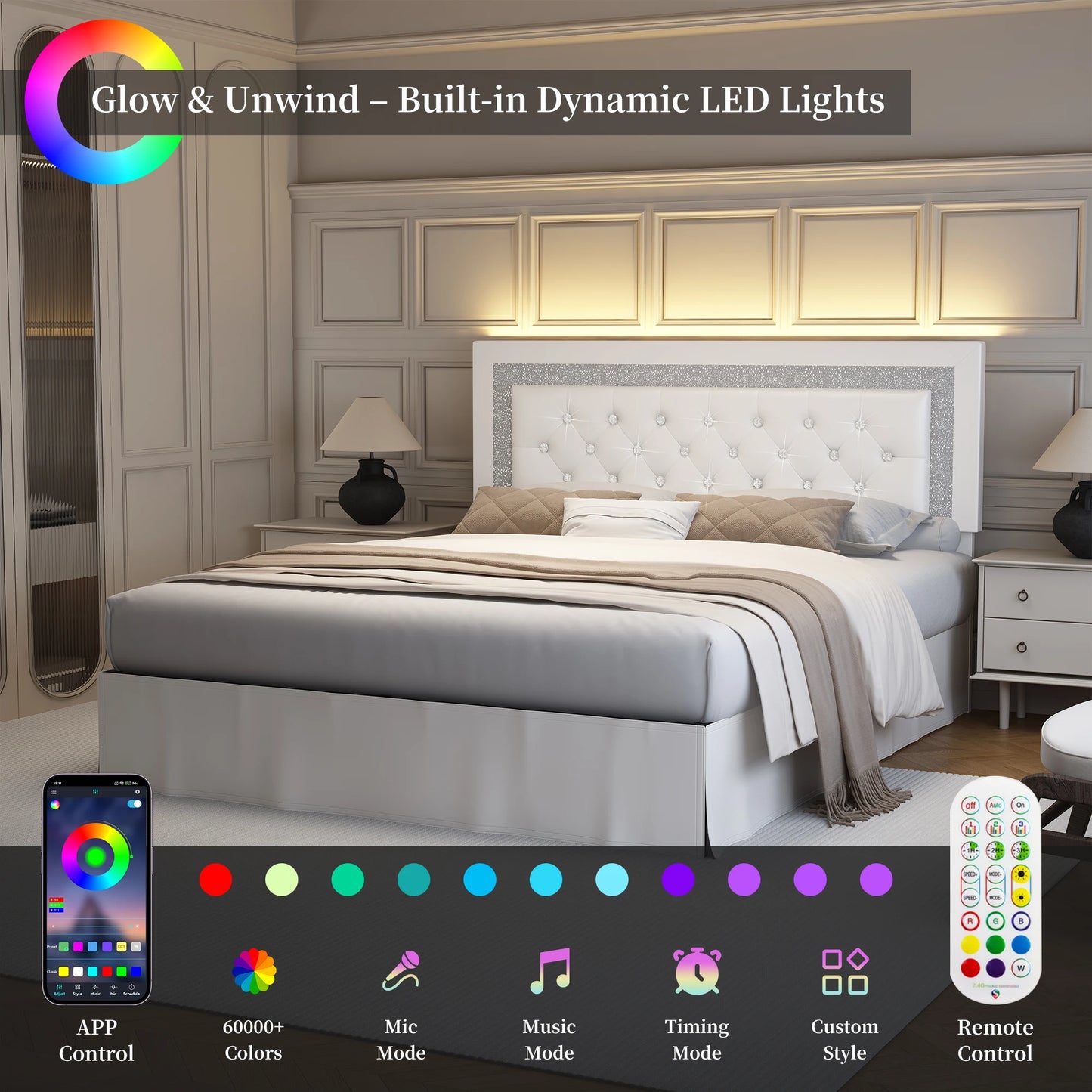 SIBEDS Queen Bed Frame with LED Lights and Adjustable Headboard