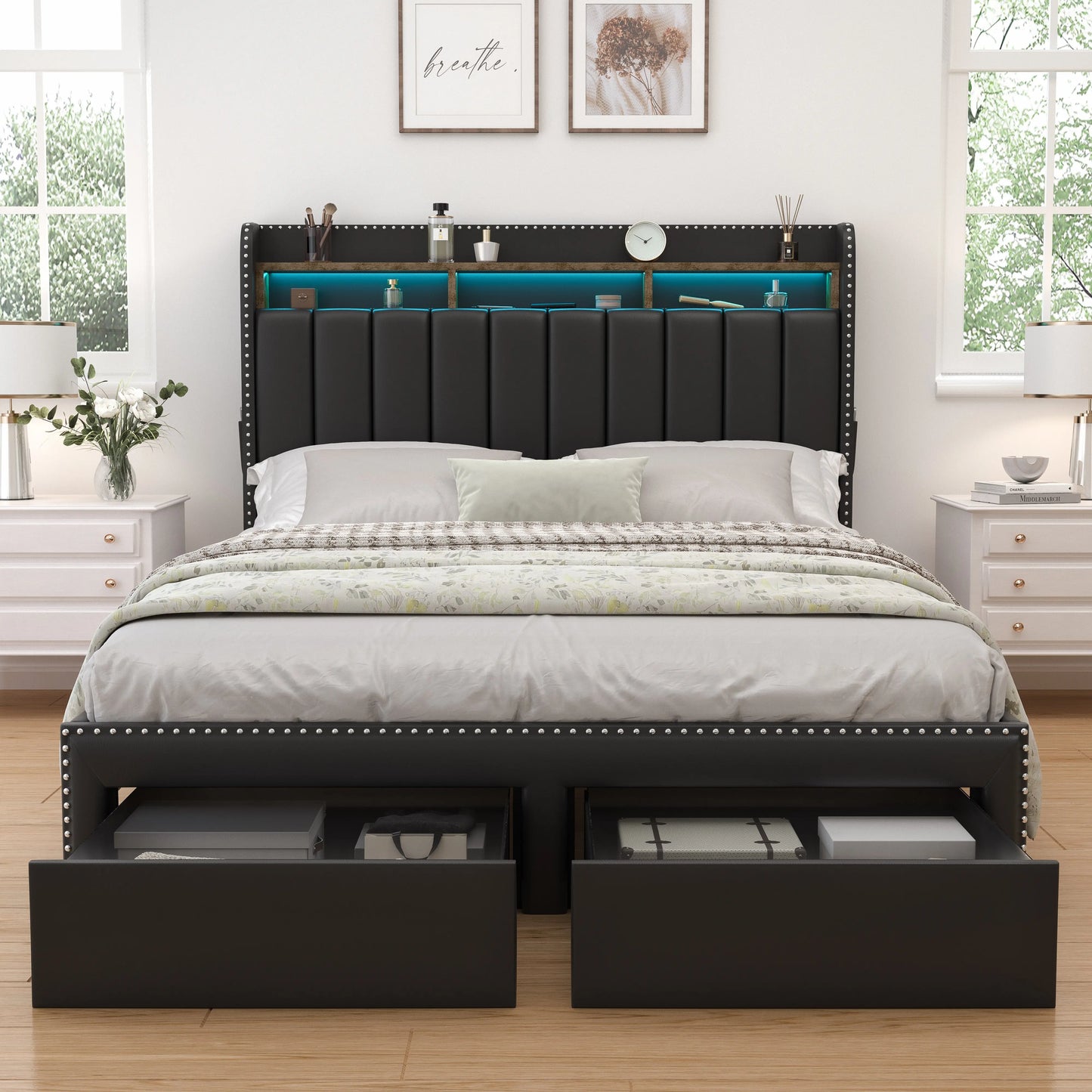 SIBEDS Queen LED Upholstered Bed Frame with Storage Drawers