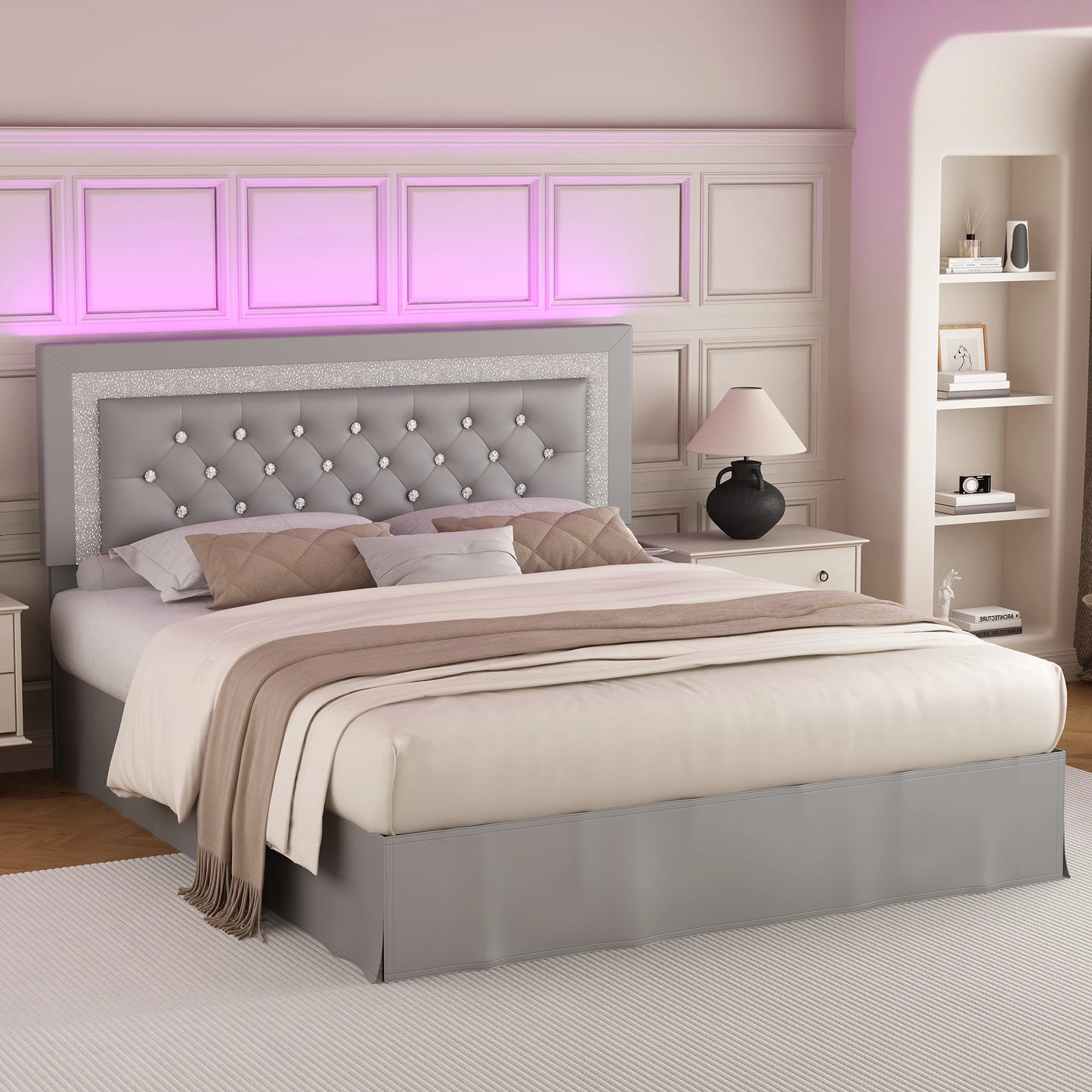 SIBEDS Queen Bed Frame with LED Lights and Adjustable Headboard