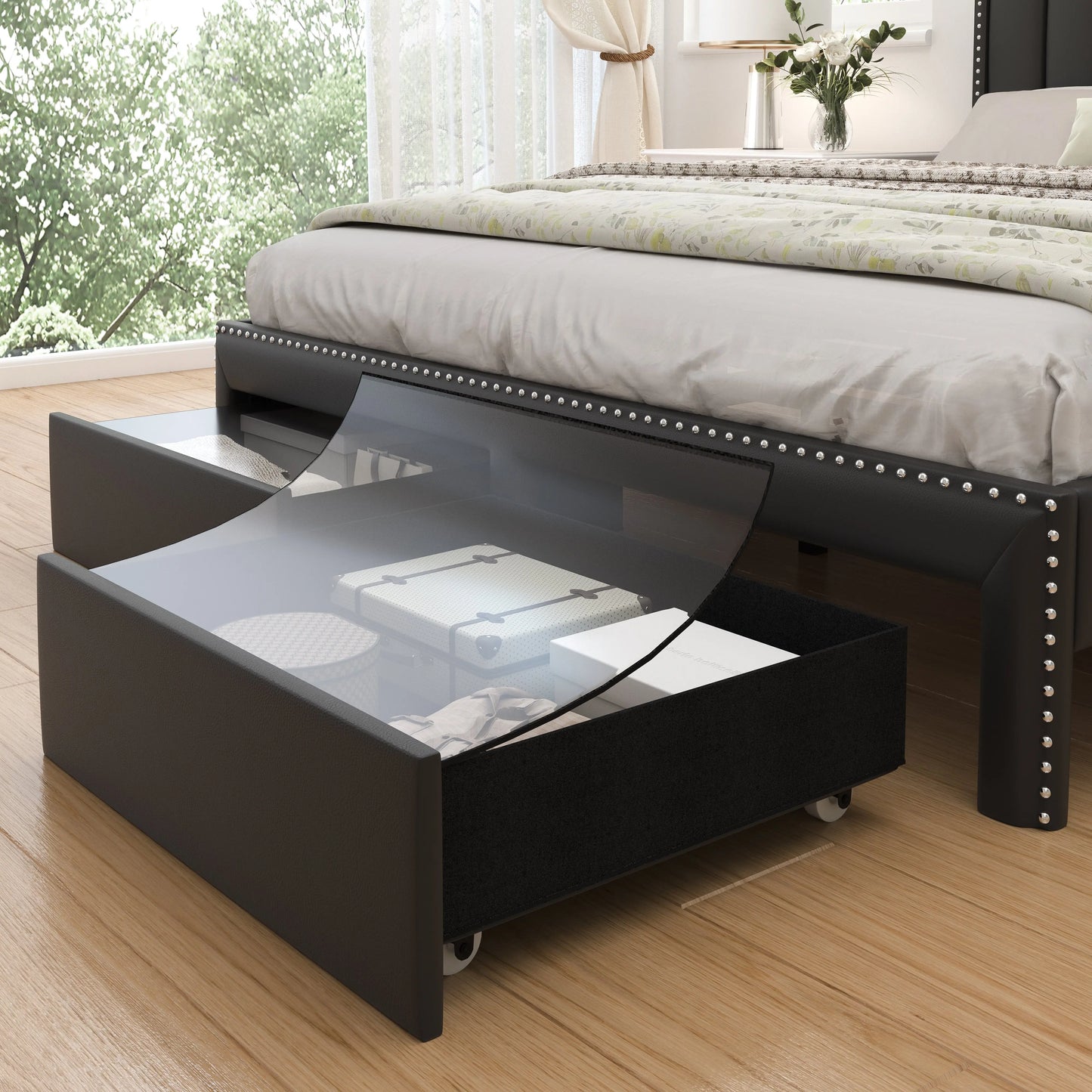 SIBEDS Queen LED Upholstered Bed Frame with Storage Drawers