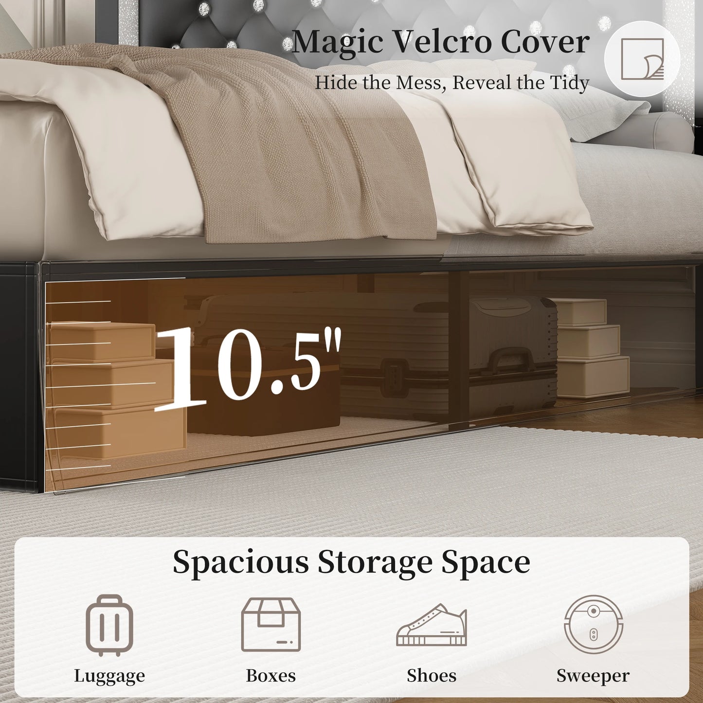 SIBEDS Queen Bed Frame with LED Lights and Adjustable Headboard