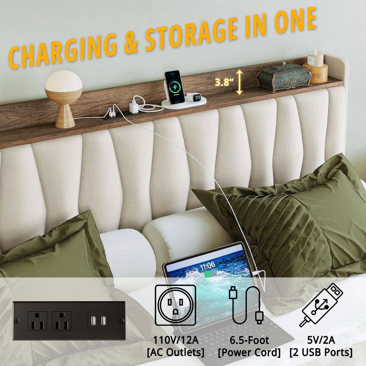 ANCTOR Upholstered Bed Frame with Storage and Charging Station