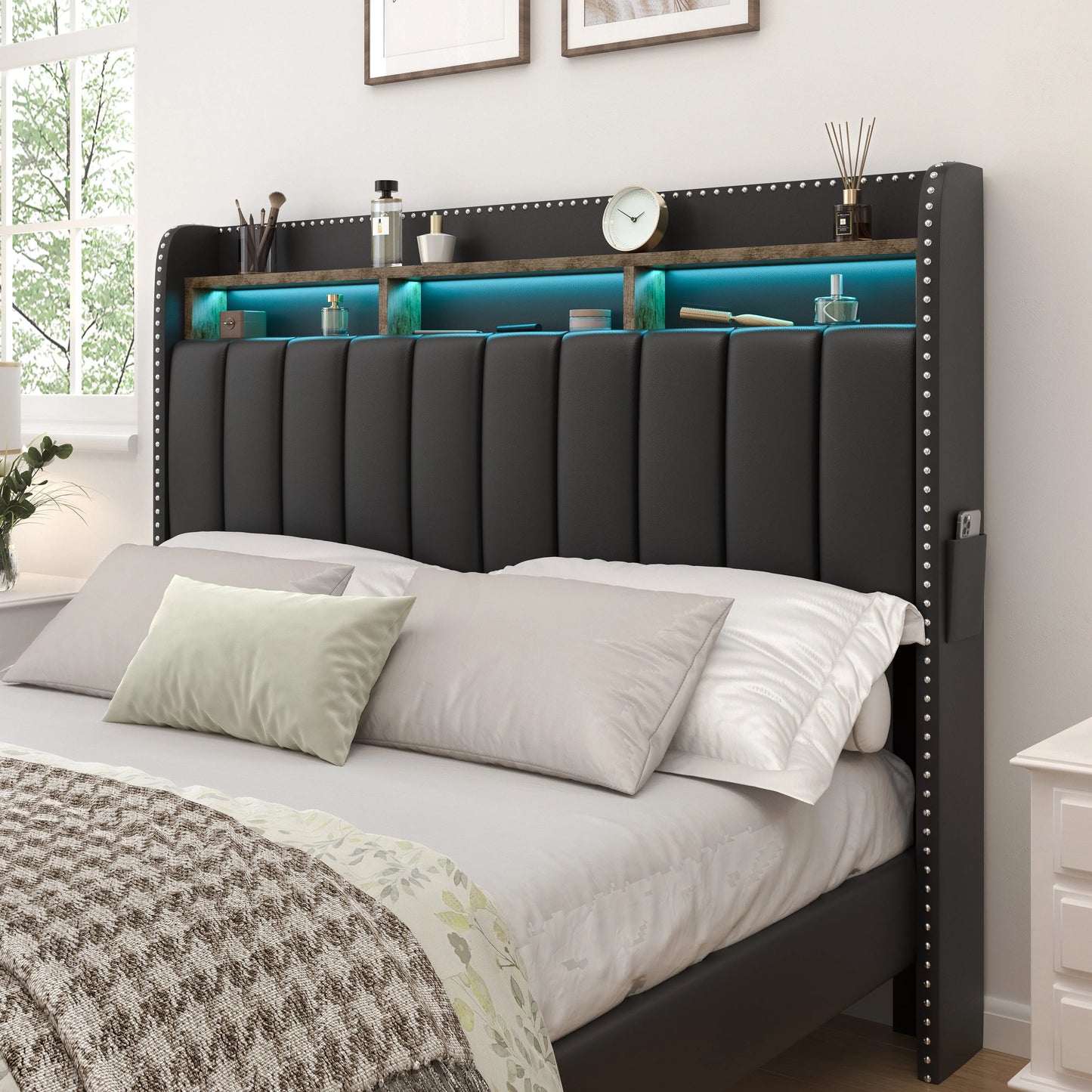 SIBEDS Queen LED Upholstered Bed Frame with Storage Drawers
