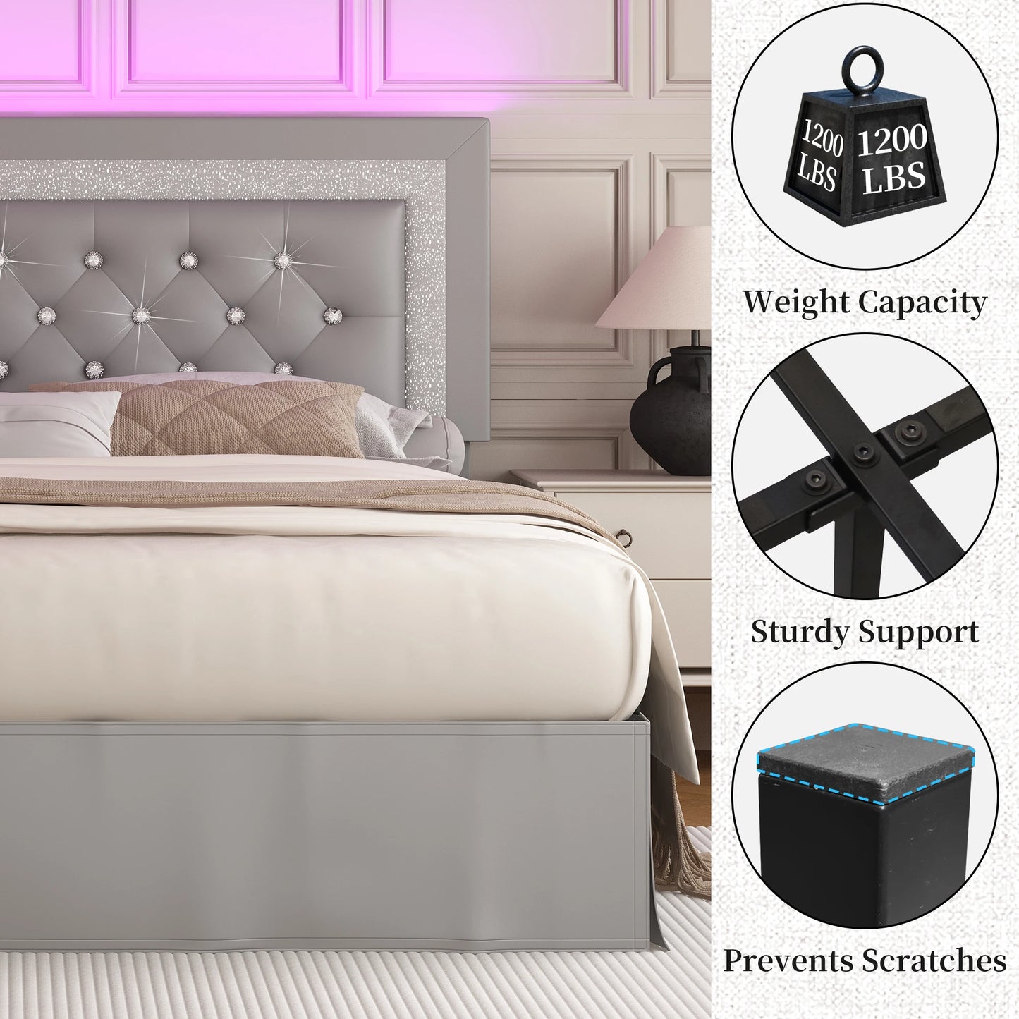 SIBEDS Queen Bed Frame with LED Lights and Adjustable Headboard
